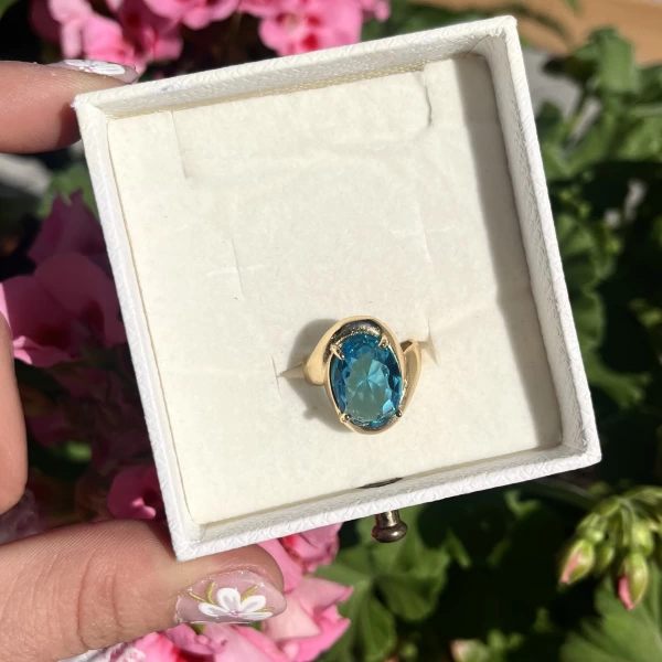 Mavi Taşlı Oval Vintage Yüzük I Ham Pirinç