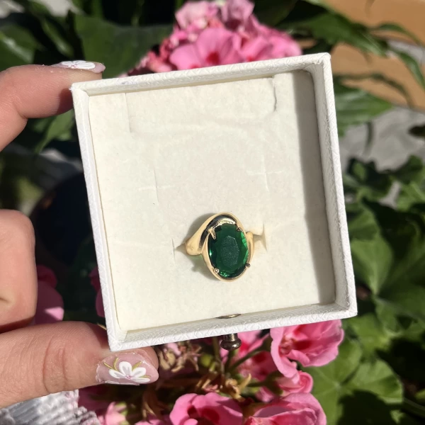 Yeşil Taşlı Oval Vintage Yüzük I Ham Pirinç