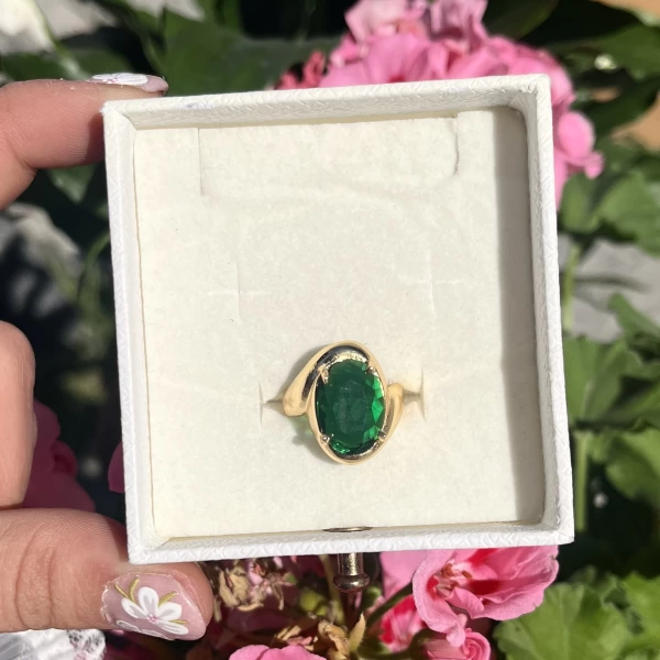 Yeşil Taşlı Oval Vintage Yüzük I Ham Pirinç