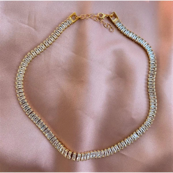 24K Altın Kaplama Baget Taşlı Choker Kolye