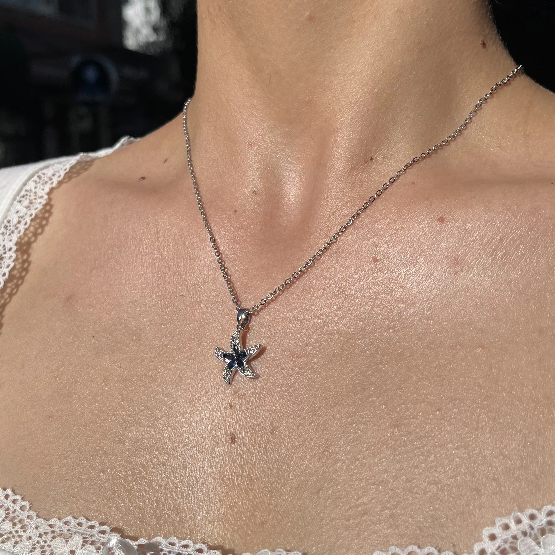 Mavi Çiçekli Deniz Yıldızı Y Kolye
