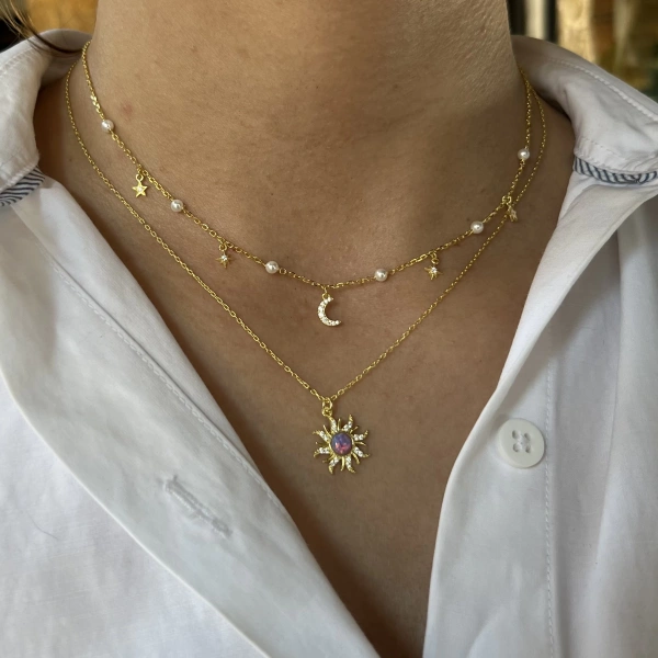 Mor Opal Taşlı Rapunzel Güneş Kolye I 925 Gümüş