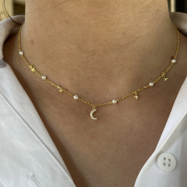 İnci ve Gökyüzü Motifli Choker Kolye I 925 Gümüş