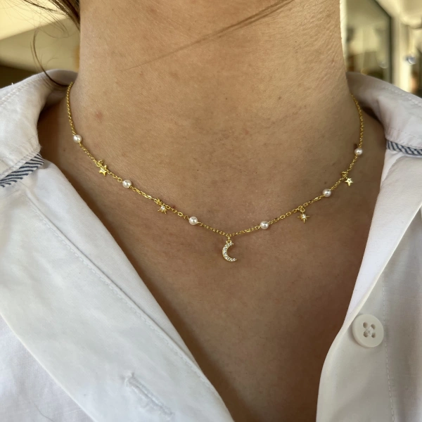İnci ve Gökyüzü Motifli Choker Kolye I 925 Gümüş