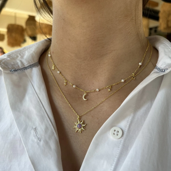 İnci ve Gökyüzü Motifli Choker Kolye I 925 Gümüş
