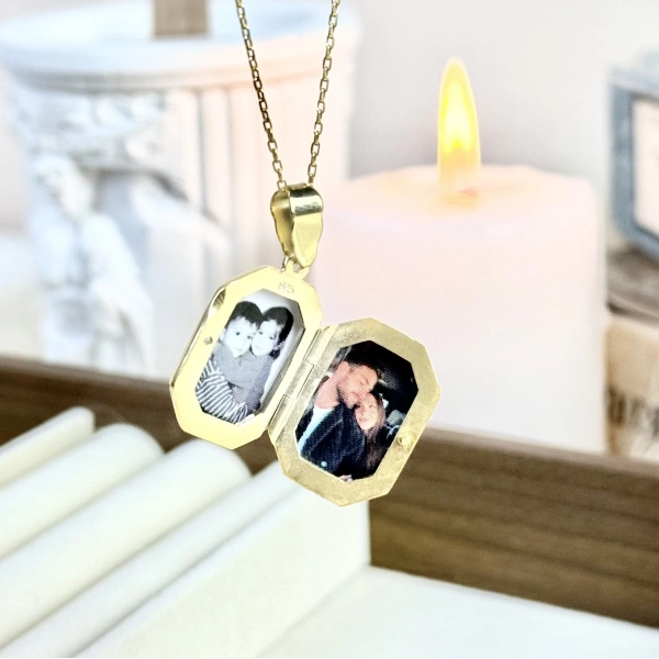 Yazılı Sekizgen Fotoğraflı Kolye ( 1.8 cm )