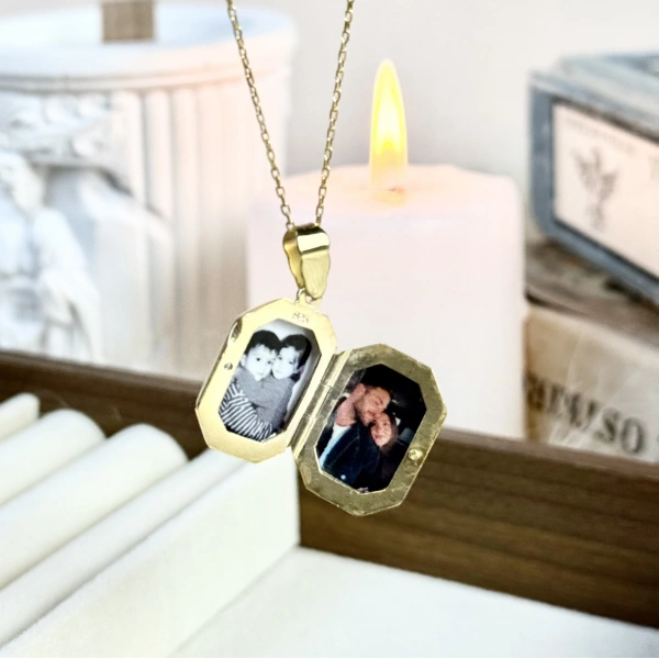 Yazılı Sekizgen Fotoğraflı Kolye ( 1.8 cm )