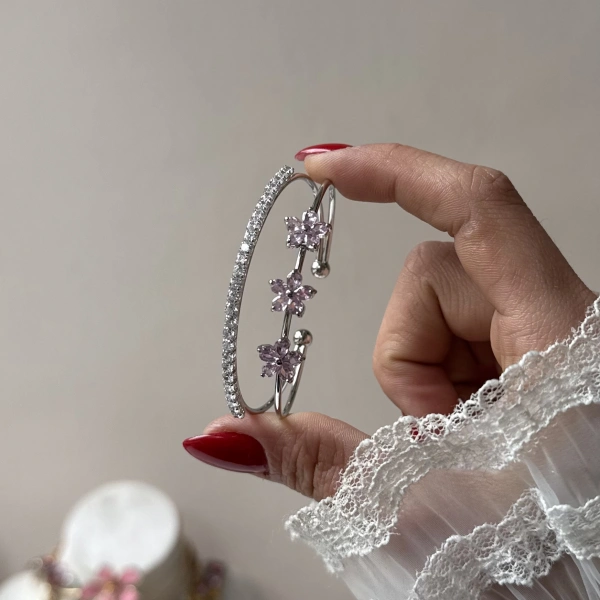 Prenses Pembe Taşlı Çiçek Kelepçe Bileklik
