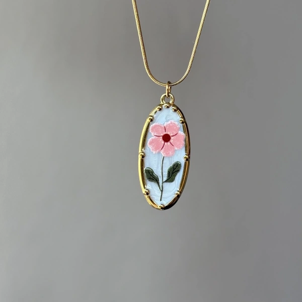 Vintage Pembe Çiçek Kolye