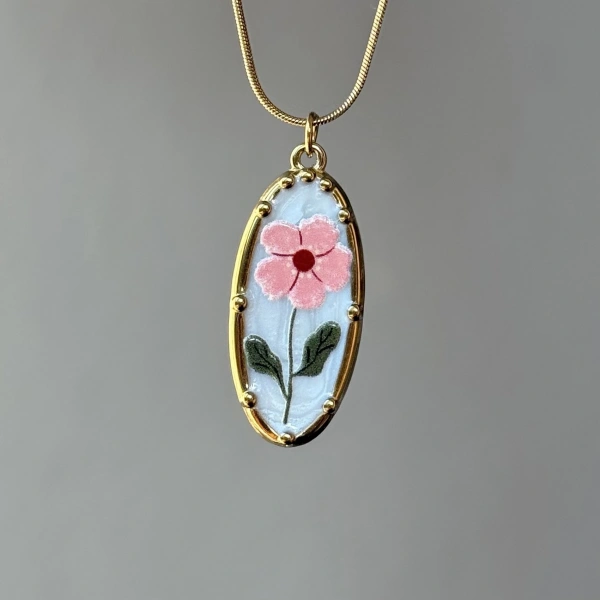 Vintage Pembe Çiçek Kolye