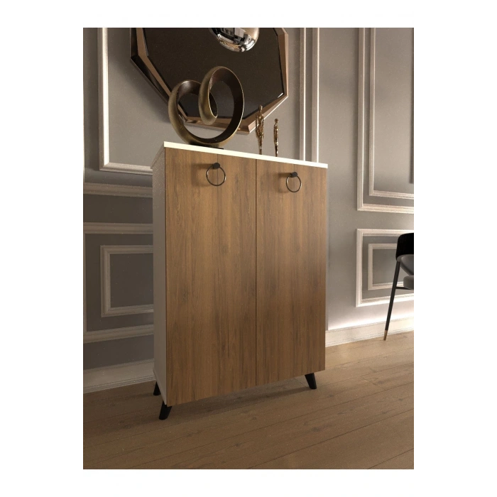 Beyaz Gövde Ahşap Kapak 3 Raflı 2 Kapaklı Ayakkabılık Çok Amaçlı Dolap Ayakkabı Dolabı