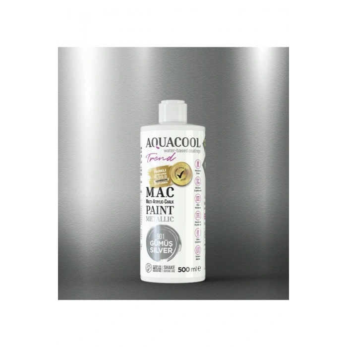 Aquacool Trend Su Bazlı Akrilik Dönüşüm Boyası Metalik Renk 901 Gümüş 500ml