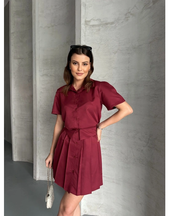 Astarlı Etek Gömlek Takım - Bordo