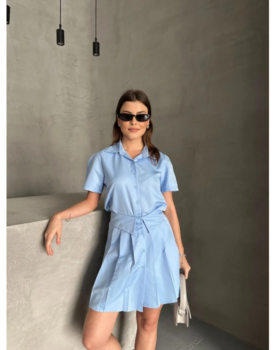 Astarlı Etek Gömlek Takım - Mavi