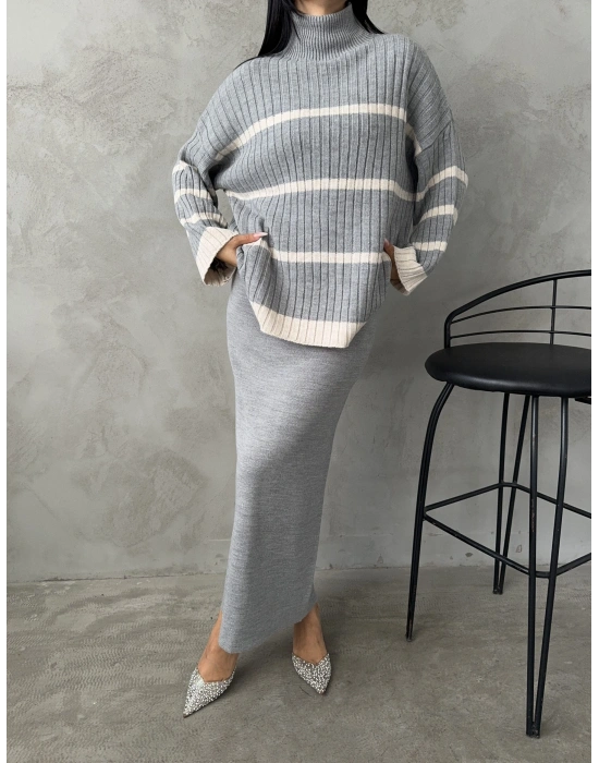 Balıkçı Yaka Etekli Triko Takım 1500 - Gri , Standart Beden (5 Adet)