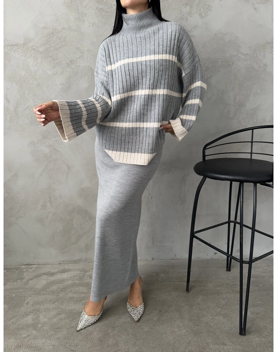 Balıkçı Yaka Etekli Triko Takım 1500 - Gri , Standart Beden (5 Adet)