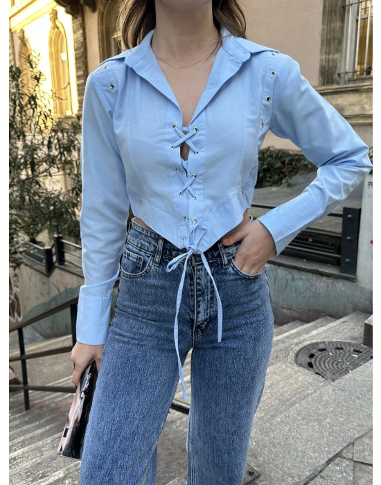 Biritli Gömlek - Mavi