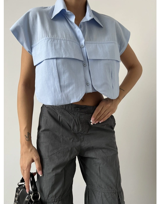 Cep Detay Gömlek - Mavi