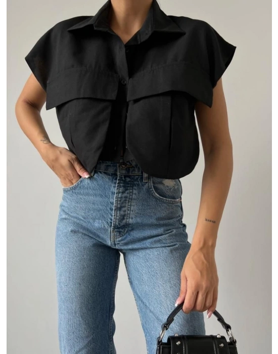 Cep Detay Gömlek - Siyah