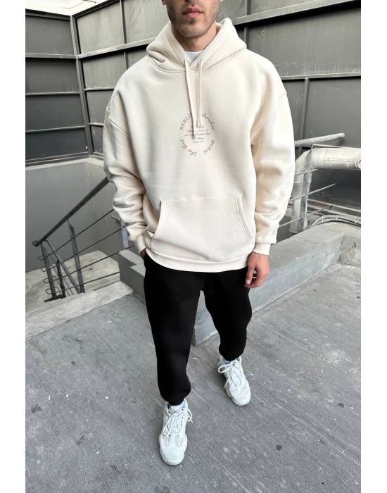 City Baskılı Oversize Kapüşonlu Sweatshirt - Beige