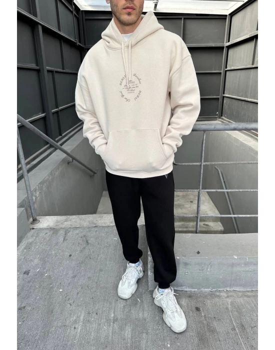 City Baskılı Oversize Kapüşonlu Sweatshirt - Beige