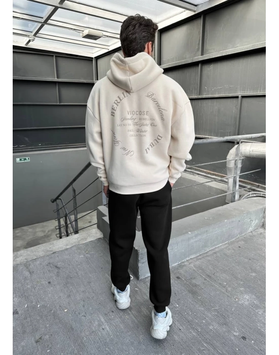 City Baskılı Oversize Kapüşonlu Sweatshirt - Beige