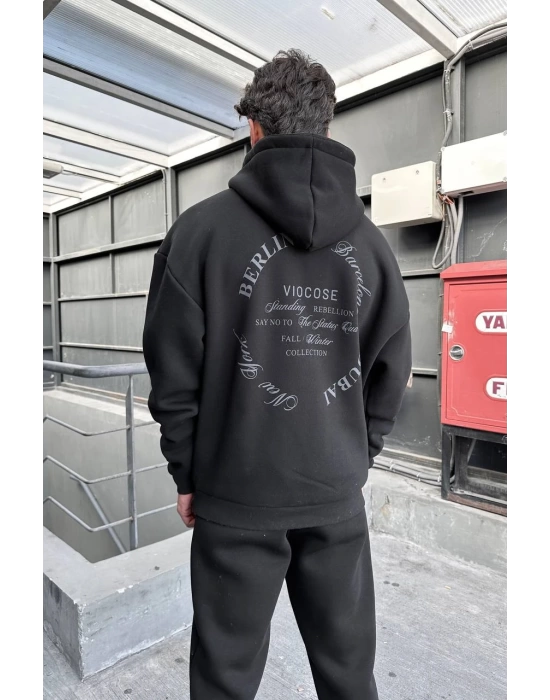 City Baskılı Oversize Kapüşonlu Sweatshirt - Siyah