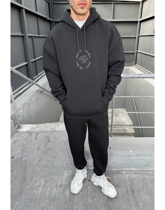 City Baskılı Oversize Kapüşonlu Sweatshirt - Siyah