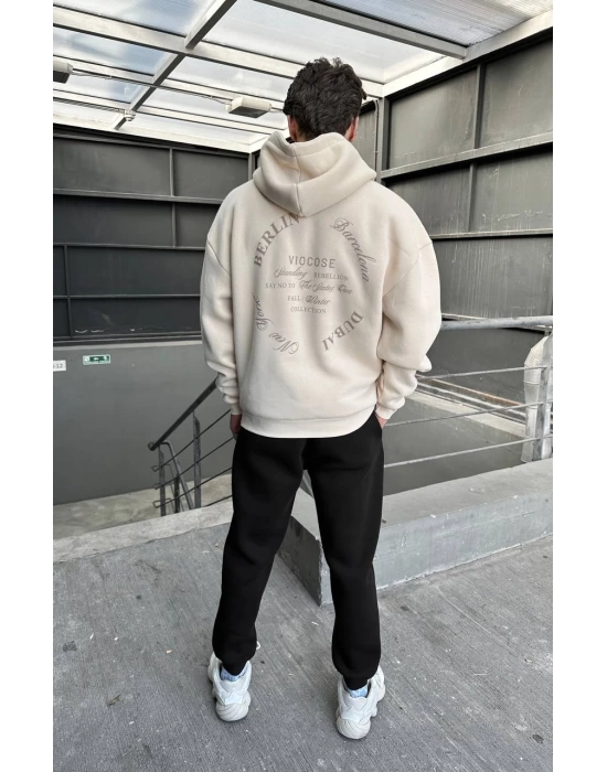 City Baskılı Oversize Kapüşonlu Sweatshirt - Beige