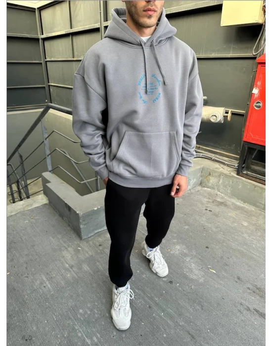 City Baskılı Oversize Kapüşonlu Sweatshirt - Grey