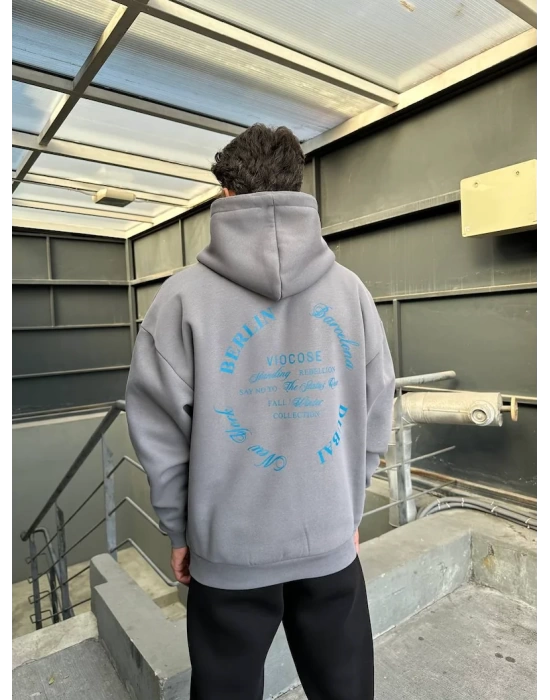 City Baskılı Oversize Kapüşonlu Sweatshirt - Grey