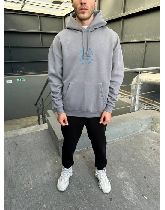 City Baskılı Oversize Kapüşonlu Sweatshirt - Grey