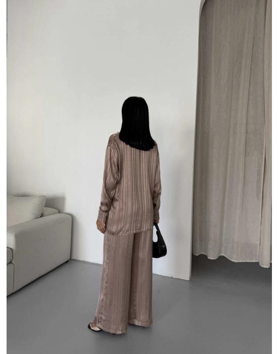 Çizgi Desen Saten Takım 2519 - Kahverengi