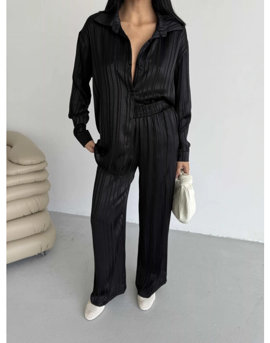 Çizgi Desen Saten Takım - Siyah