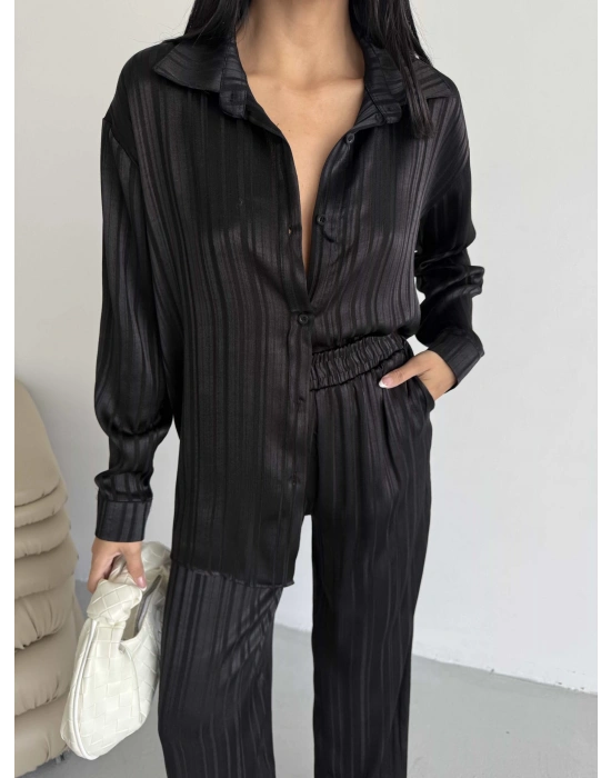 Çizgi Desen Saten Takım - Siyah