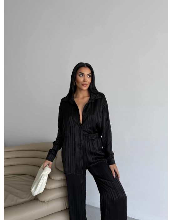 Çizgi Desen Saten Takım - Siyah