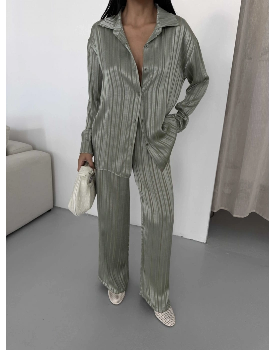 Çizgi Desen Saten Takım - Yeşil