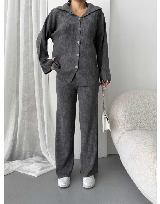 Çizgili Gündelik Zarif Tesettür Takım 1554 - Antrasit