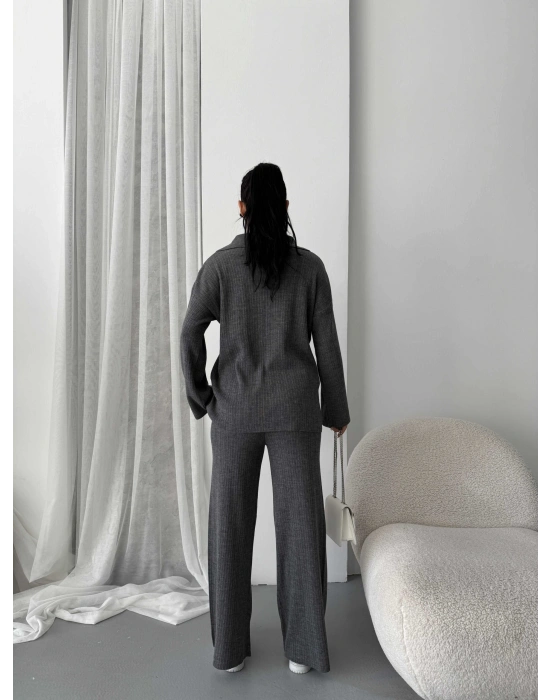 Çizgili Gündelik Zarif Tesettür Takım 1554 - Antrasit