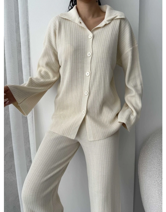 Çizgili Gündelik Zarif Tesettür Takım 1554 - Kemik