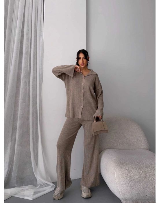 Çizgili Gündelik Zarif Tesettür Takım 1554 - Vizon