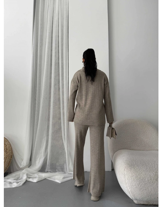 Çizgili Gündelik Zarif Tesettür Takım 1554 - Vizon