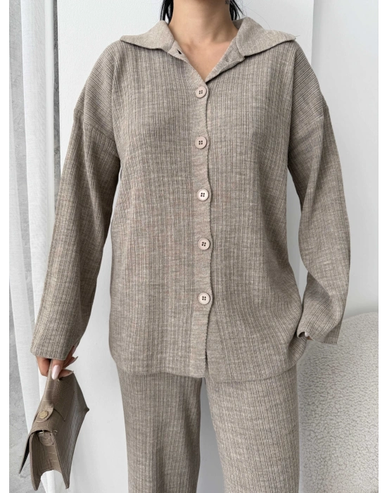 Çizgili Gündelik Zarif Tesettür Takım 1554 - Vizon