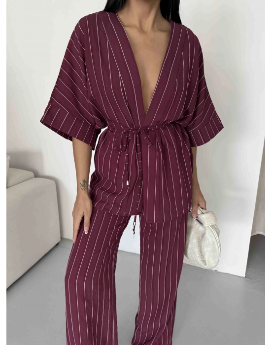 Çizgili Kimono Takım 2517 - Bordo