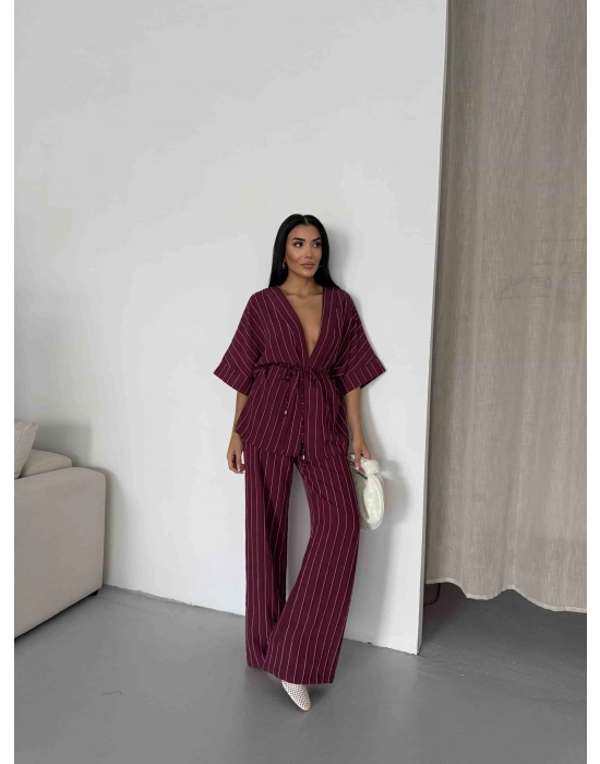 Çizgili Kimono Takım - Bordo