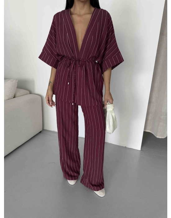 Çizgili Kimono Takım - Bordo