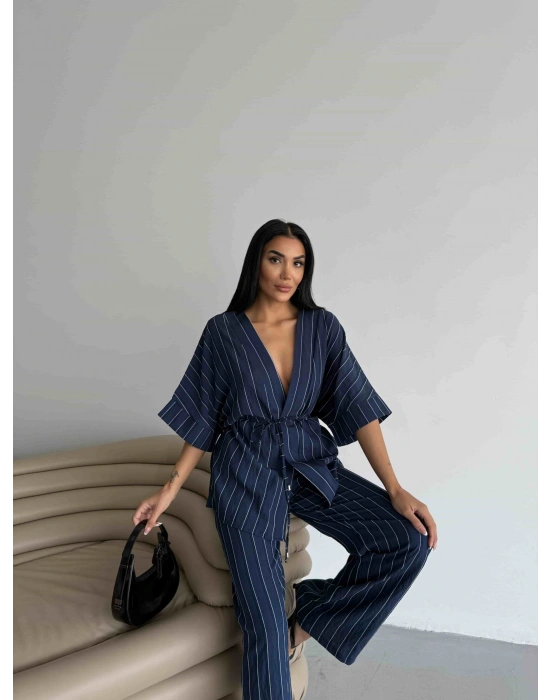 Çizgili Kimono Takım - Lacivert
