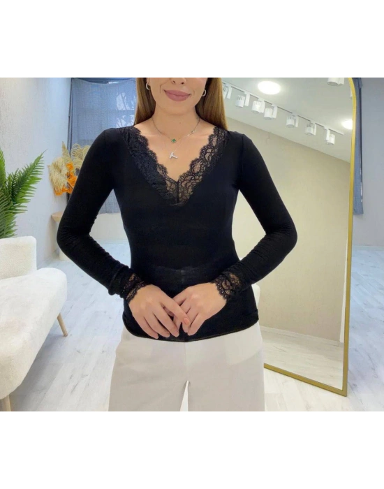 Dantel Detay Bluz - Siyah
