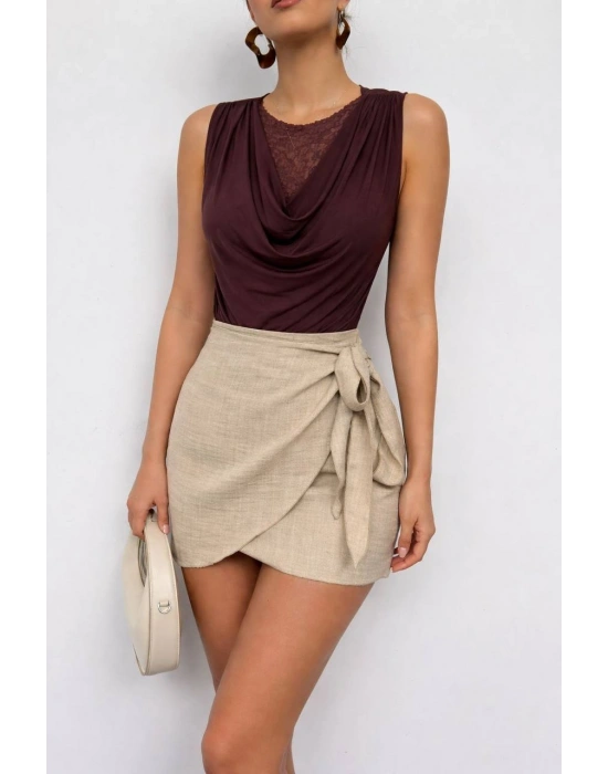 Dantel Detay Dökümlü Bluz - Kahverengi