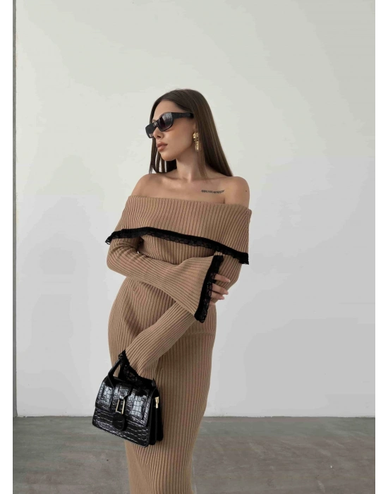 Dantel Detaylı Triko Elbise 1513 - Kahverengi